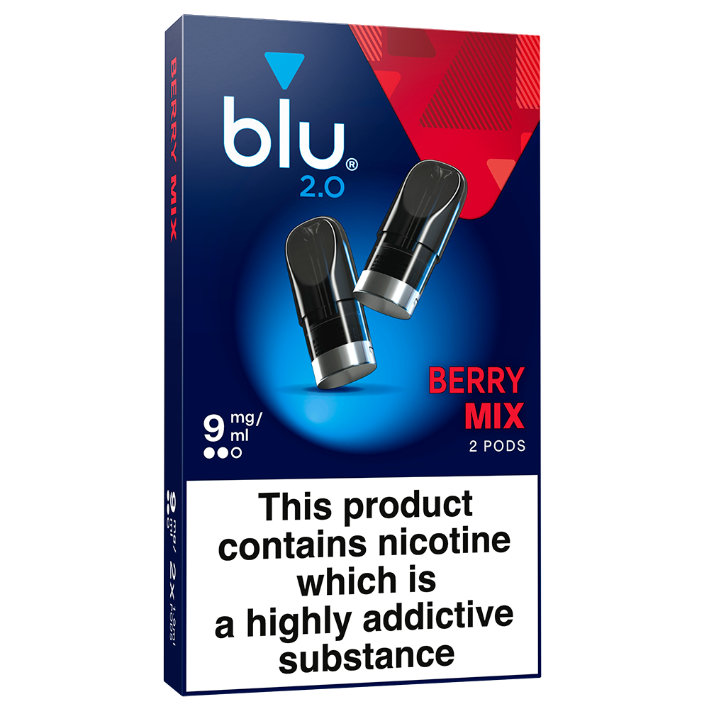 Shop Blu 2.0 Berry Mix prefilled vape pods, 9mg/ml nic salt, 2 pack. Ceramic pod tech, fits Blu 2.0 device only. Fast UK delivery, age verification required.
