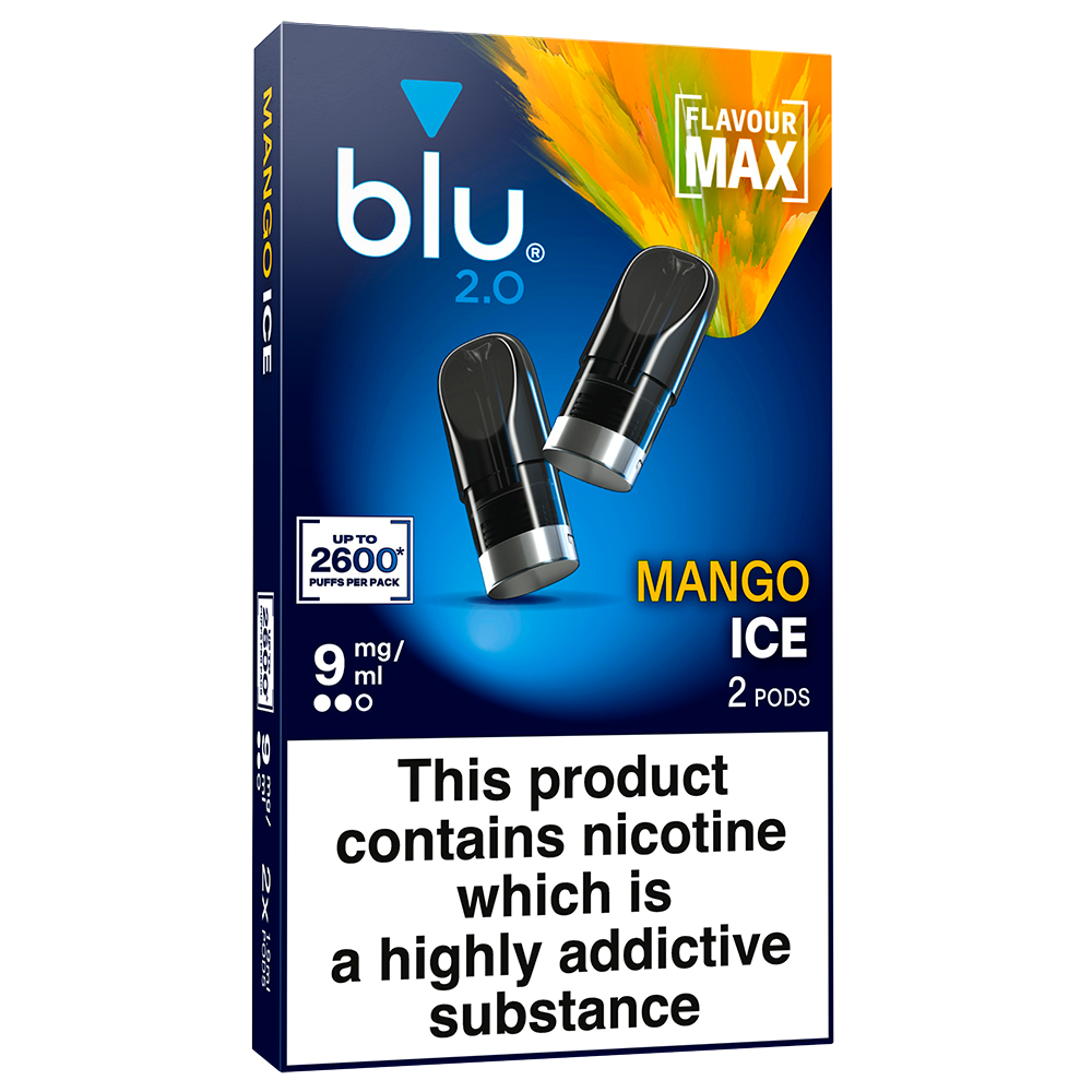 Shop Blu 2.0 Mango Ice Vape Pods 9mg. Twin pack of prefilled nic salt pods with tropical mango flavour, cool ice finish, and easy use for the blu 2.0 device.