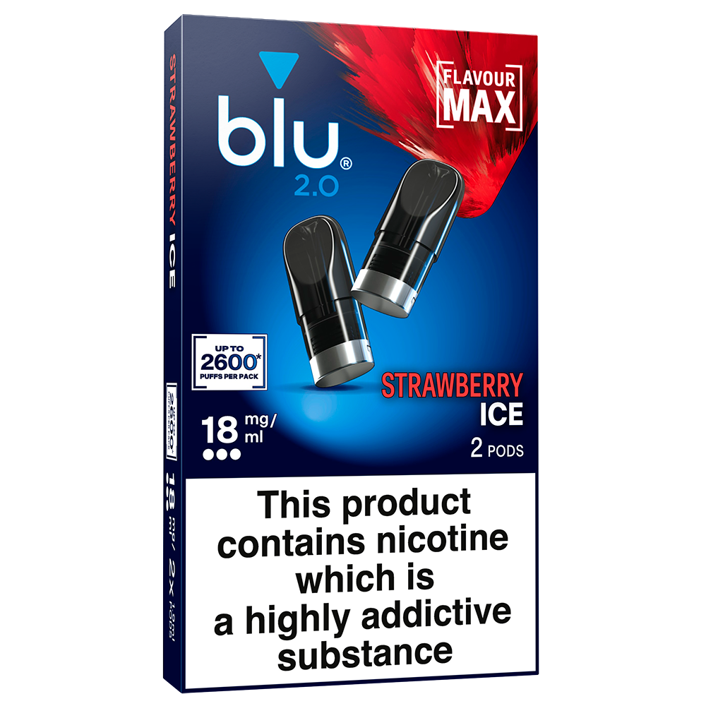 Shop Blu 2.0 Strawberry Ice prefilled vape pods, 18mg/ml nic salt, 2 pack. Ceramic pod tech, fits Blu 2.0 device only. Fast UK delivery, age verification required.