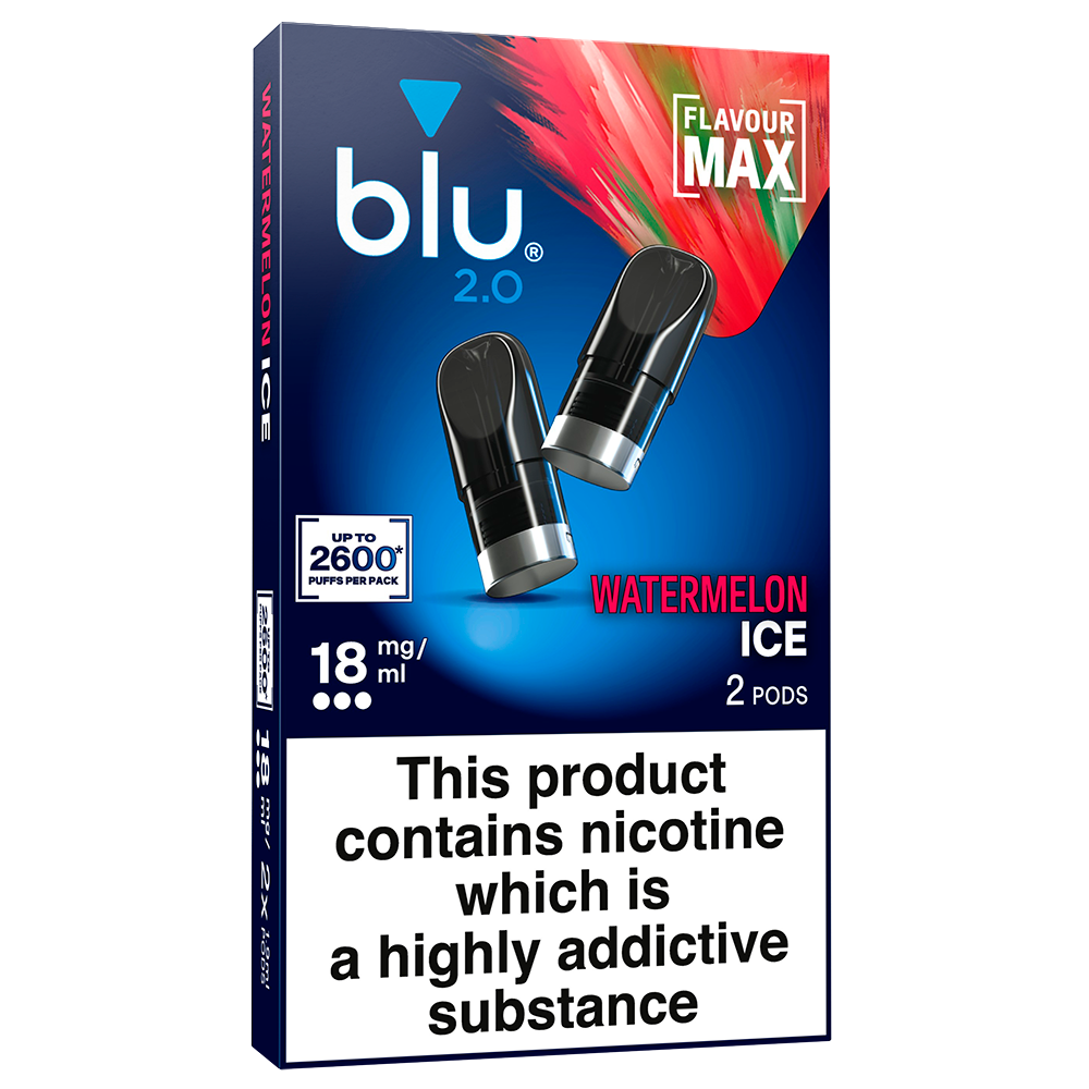 Shop Blu 2.0 Watermelon Ice Vape Pods 18mg/ml — 2 x 1.9ml, up to 2,600 puffs, ceramic pod technology & nicotine salt formula. Compatible with Blu 2.0 device only. Fast UK delivery. Order now.