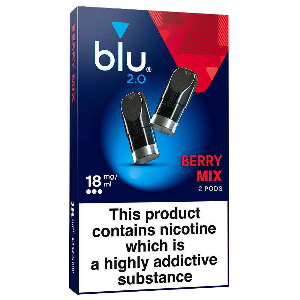 Shop Blu 2.0 Berry Mix Vape Pods 18mg/ml 2 Pack. Prefilled nic salt pods with juicy red and dark berry flavour, made for the blu 2.0 device.